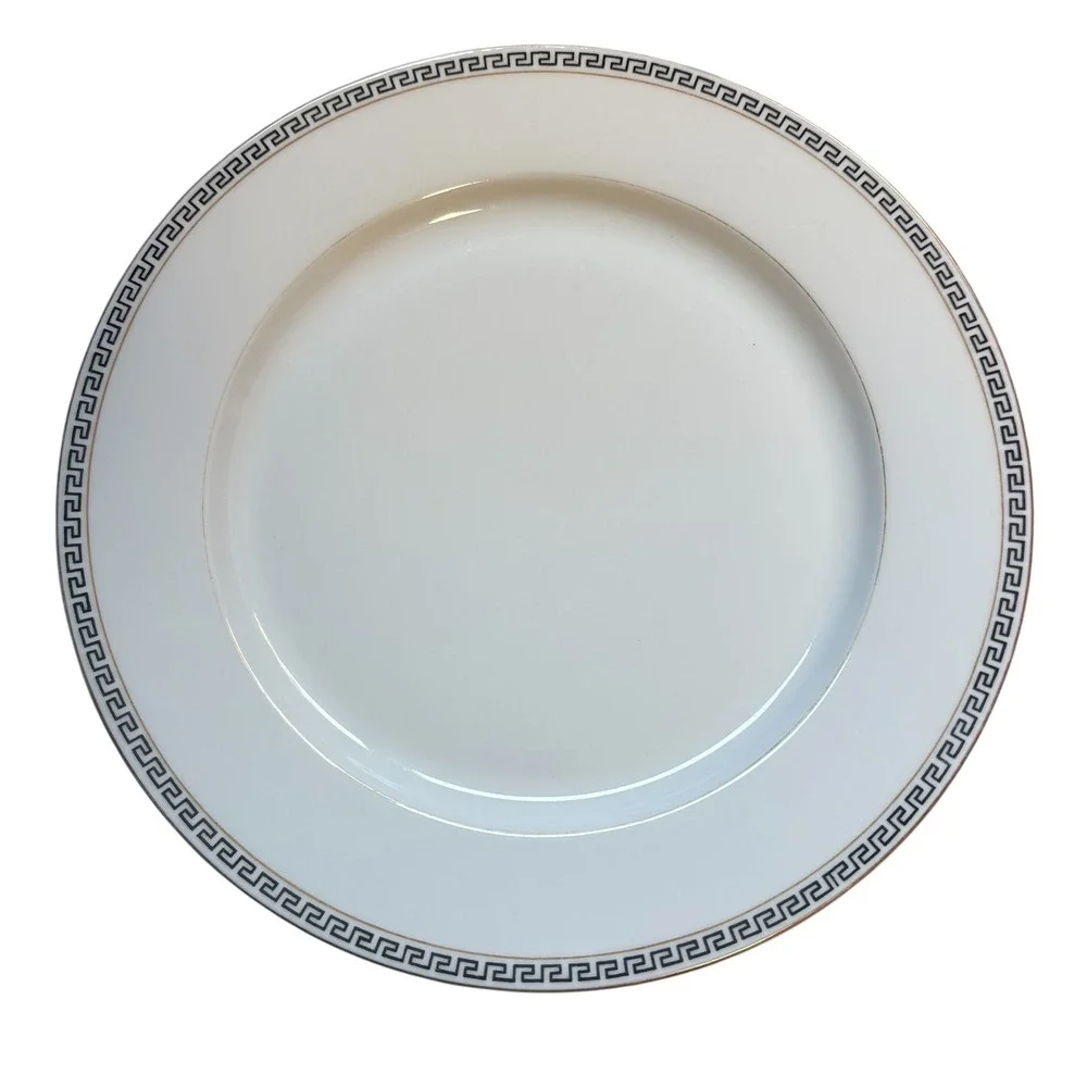 T&V Limoges France VINTAGE 10 Greek Key Dinner‎ Plates White Gold Black 10
